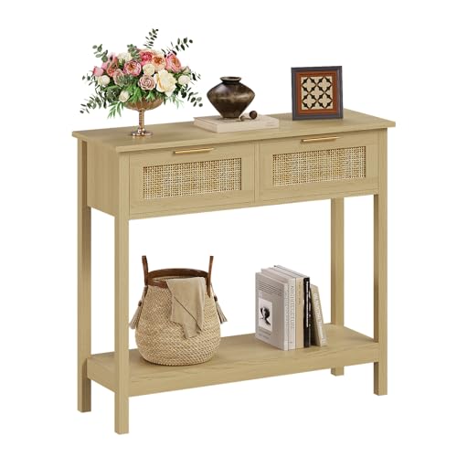 Farmhouse Rattan Console Table with Storage