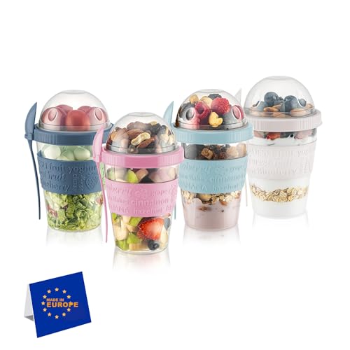 IDOBY Juego de 4 vasos de cereales para llevar, práctico vaso de yogur para llevar, para yogur y cereales, cereales para llevar, 100 % libre de BPA, perfecto para la escuela y la oficina, contenedor