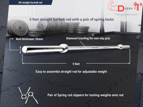 Image of DREAM FIT Premium 5 feet Straight Rod || 25mm thick || Chrome Plated || with pair of spring locks || multipurpose barbell bar for home gym || Weight Lifting Bar || Gym Bar || Gym Rod || Home Fitness
