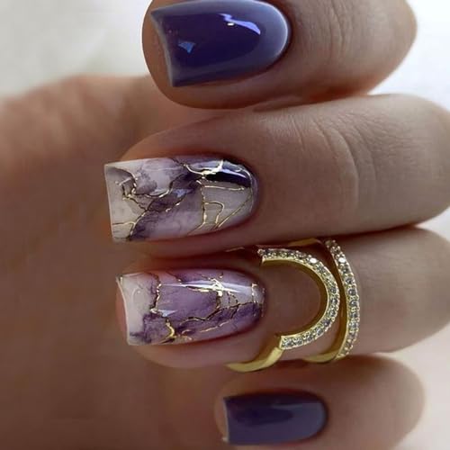 ANDGING Purple Marble Press on Nails Short Medium Square Fake Nails with Gold Line Striped Design on Nails for Wedding Birthday Acrylic False Nails 24Pcs Women Stick on Nail with QL88K1