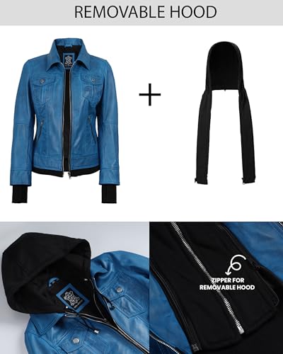 Image of Womens Leather Jacket with Detachable Hood - Real Lambskin Bomber Jacket Thumbholes Women
