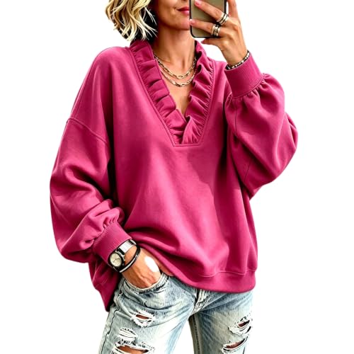 Elneeya Womens Oversized Sweatshirt Vneck Ruffle Cute Fall Sweatshirt - image 1