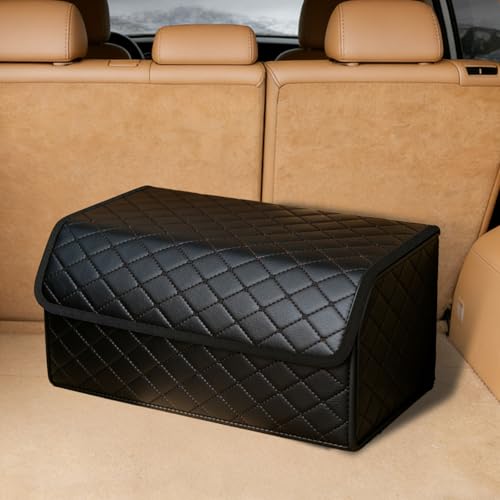 QIANKUNBAG 2Pack Leather Trunk Organizer for SUV & Sedans - Extra Large Foldable Car Storage Box with Lid, Adjustable Removable Dividers and Carry Handle, Collapsible Auto Cargo Organizer Black