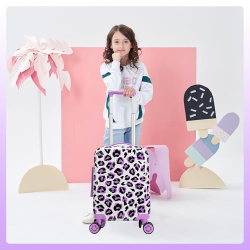 Image of Kids Luggage with Spinner Wheels Carry on Suitcases for Girls 2 Piece Luggage Sets 16 inch Toddler Suitcase for Kids Rolling Suitcase Airline Approved (Purple Leopard)