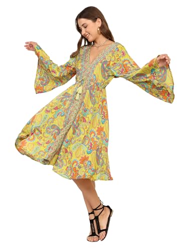 KE KANHA EXPORTS Dress for Woman|Boho Dresses for Women|Beach Wear|Border Print|Adjustable Tassel at Waist|Vacation Boho Casual|Multicolor|Easily fits S-M-L|Bust 32-38 in|Length 40 in