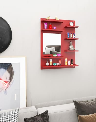 Image of Madhuran Ricco Engineered Wood Wall Mounted Dressing Table (Red Finish) Bathroom Cabinet Washroom Makeup Mirrors Storage Organiser Fancy Aaina Bedroom Mirror