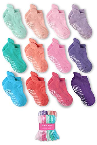 LA Active Baby Toddler Grip Ankle Socks - 12 Pairs - Non Slip/Skid Covered (Girls, 12-36 Months)