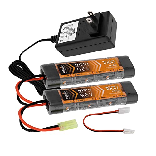 Lancer Tactical Nimh Battery Pack With Charger, Two 9.6V 1600 Mah Tamiya Connector Brick Style With Compact Smart Charger For 8.4V - 9.6V Nimh Airsoft Aeg Batteries #TOP11