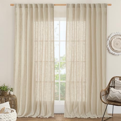LAMIT 95 Inch Long Linen Curtains for Living Room, Light Filtering Semi Sheer Panels Back Tab and Rod Pocket Neutral Panels for Bedroom/Sliding Glass Door, 60 x 95 Inch, Linen, 2 Panels Set