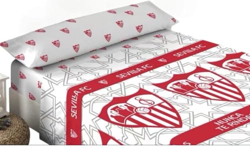 JYC CREATIVE Juego de Sábanas Sevilla FC Modelo D5 – Set de Cama 3 Piezas (Bajera, Encimera y Funda de Almohada) para Cama de 105 cm, Sábanas Frescas de Verano, Blanco y Rojo