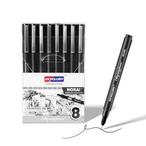 SKYGLORY 8 Pack Fineliner Pens for Beginner Artists 0.05-0.8mm Black Technical Drawing Pens with Archival Acid-Free Ink for Comic Inking Sketching & Bullet Journal Art Supplies