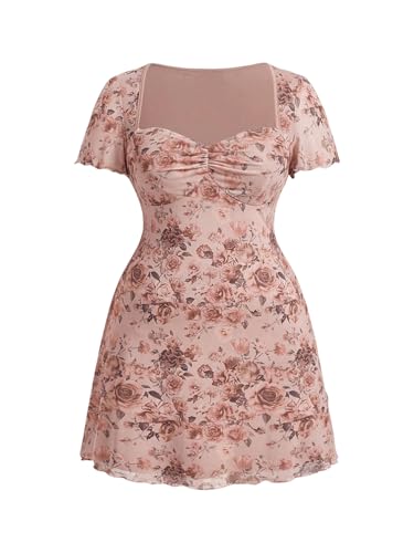 Image of WDIRARA Women's Plus Size Vintage Floral Mesh Mini Dress Short Sleeve Ruched A Line Dresses