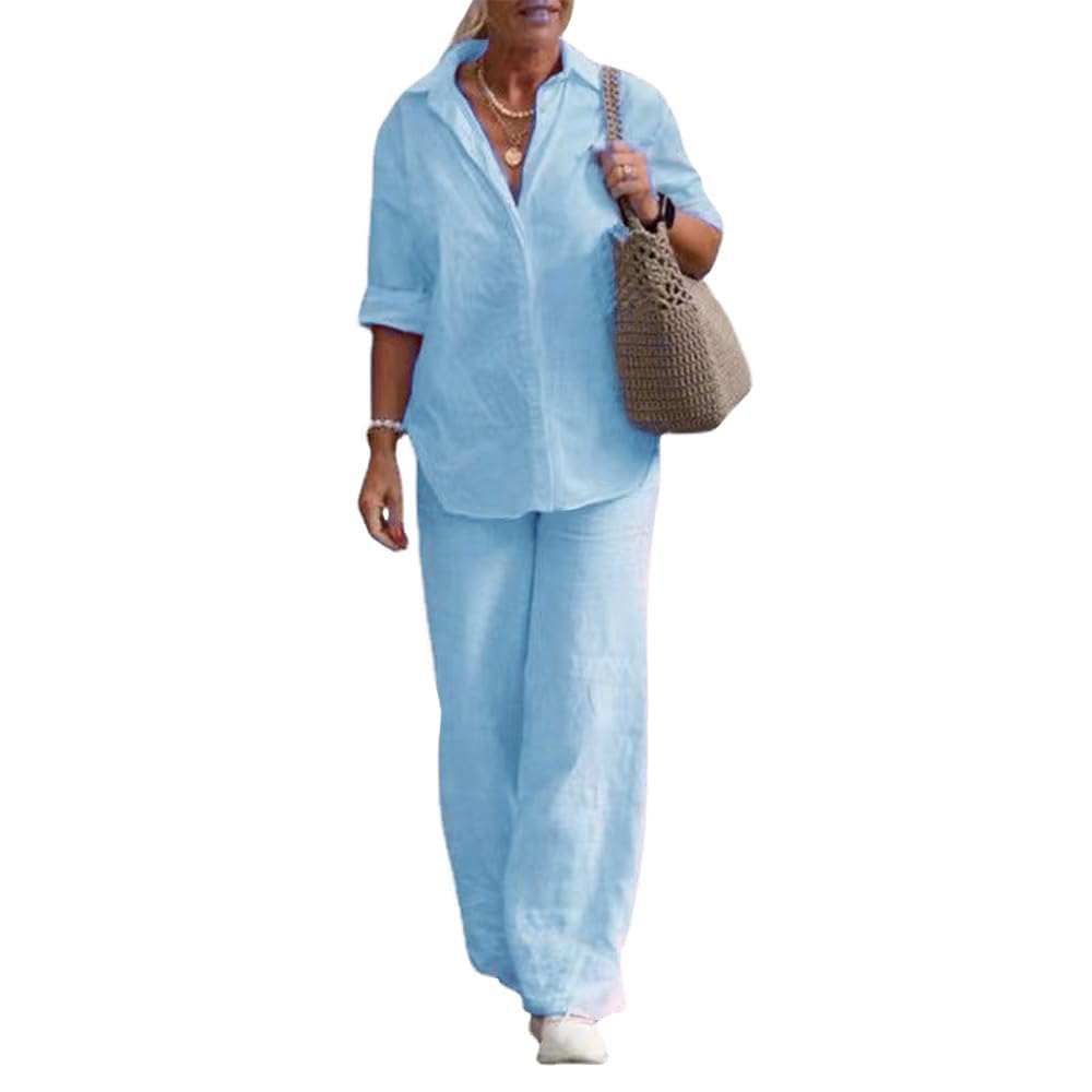 2 Piece Cotton Linen Set for Women Button Down Lapel Long Sleeve Shirt and Loose Wide Leg Pants