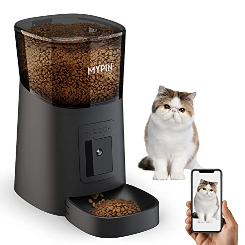Automatic Cat Feeder with Timer, MYPIN 2.4G WiFi 6L Cat Food Dispenser, 1080P HD Video with Night Vision, 10s Voice Recording, Up to 20 Portions 12 Meals Per Day