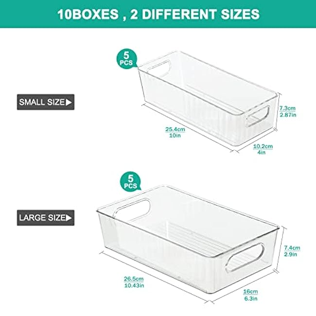 loobuu Plastic Refrigerator Organizer Bins, 10pcs Stackable Food Storage Bins with Handle for Fridge, Pantry, Cabinet, Kitchen, Countertops, Cupboard, Freezer Organization, BPA Free - Clear
