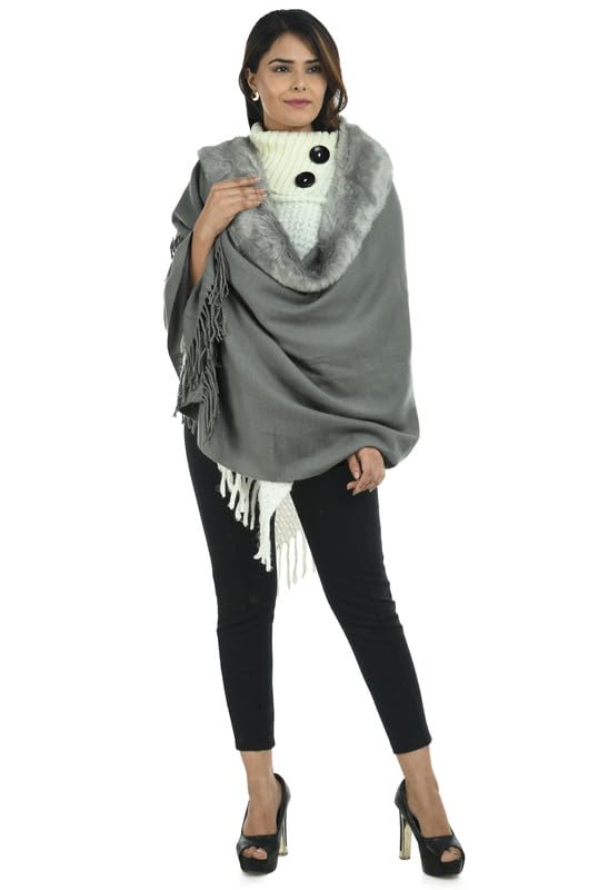 Image of Manra Women's Solid Faux Fur Border Stole Shawl Warm Wrap Cape for Winters (SC 14)