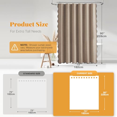 BTTN Extra Long Shower Curtain, 72x90 Boho Scalloped Linen Textured Heavy Duty Fabric Shower Curtain Set with 12 Hooks, Tall Rustic Farmhouse Country Waterproof Shower Curtains for Bathroom, Tan/Taupe by BTTN - Used condition - Image 3