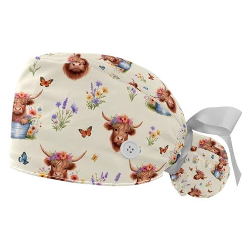 Image of 2 PCS Bouffant Cap with Button Ponytail Pouch Working Cap Sweatband Adjustable Surgical Cap Black and White Cow
