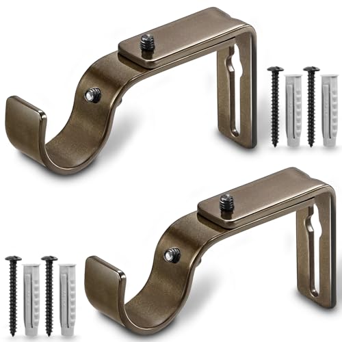 LLPJS Curtain Rod Bracket Adjustable, Drapery Rod Holder Hooks Support Hangers for 1 inch Diameter Window Curtain Rods (Brown, 2-Pack)