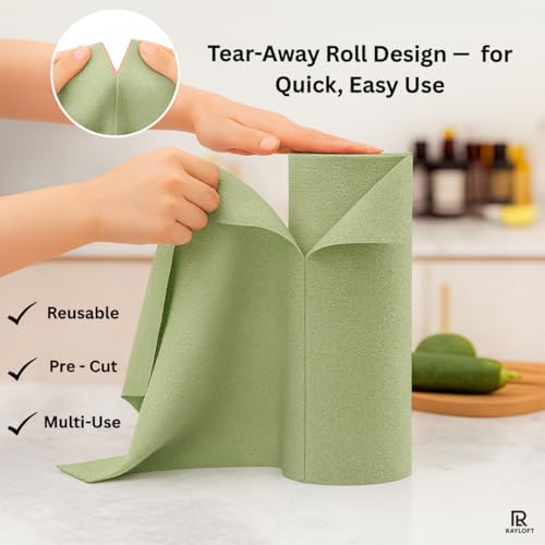 Image of Microfiber Cleaning Cloth Roll - 20 Reusable Washable Pre-Cut Towels | Tear-Away Kitchen Cleaning Cloth for Counters, Glass, Utensils, Appliances, & Home Surfaces - 25x25 cm Green