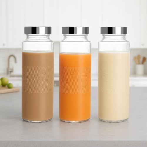 Image of 500ml Glass Water Bottle Set of 3 | Airtight Steel Lid Leak-Proof Botle | Premium Clear Glass Juice, Detox, Milk & Infused Drink Bottle | Fridge-Safe & BPA-Free Bottle for Home & Office