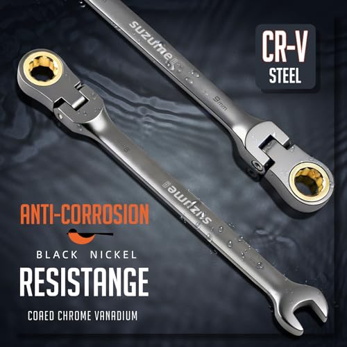 Image of SUZUME 9mm Flex Head Ratcheting Wrench Metric 72 Teeth Cr-V Steel 15K+ Cycle Locked Gears with 180 Flexible Head Black Nickel Coating