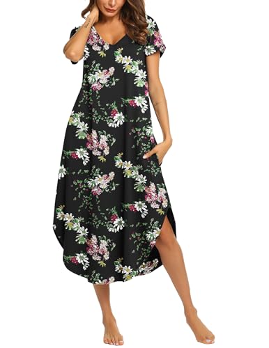 Image of Ekouaer Long Nightgowns for Women Short Sleeve House Dress with Pockets V Neck Sleepshirts Side Split Sleepwear S-4XL