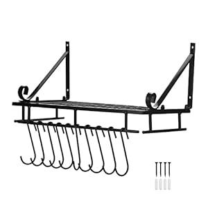 SOONHUA Wall Mounted Pan Rack Metal Pan Rack Hanging Wall Mounted With 10 Hook Holders Kitchen Storage Tray (45cm)