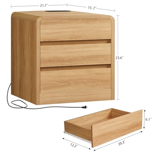 Image of TEENFON Nightstands Set of 2, Night Stand with 3 Storage Drawer and Charging Station, Modern End Tables Wide Night Stands for Bedroom Sofa Couch Home Office, Natural