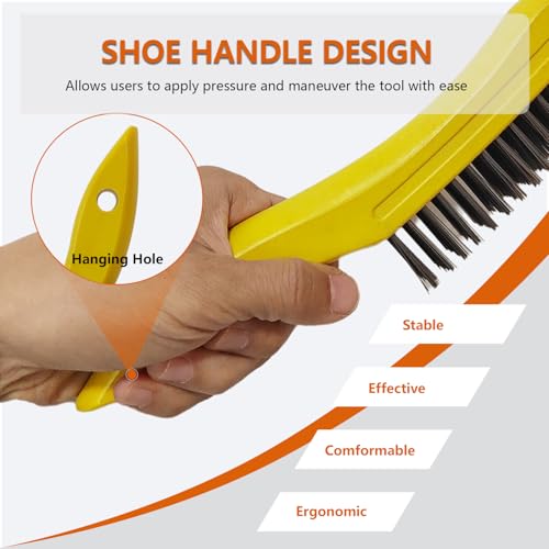 Image of 3 Pack Wire Scratch Brushes with Plastic Shoe Handle and 4-Row Heavy Duty Steel Bristles for Removing Paint Stains Rust Corrosion Welding Slag and More