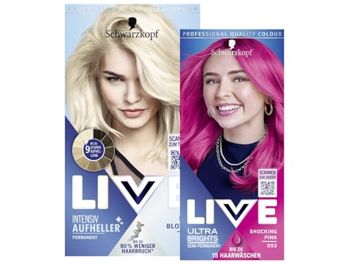 Schwarzkopf LIVE Ultra Brights Semi-Permanente Haarfarbe 093 Shocking Pink (142 ml) intensive oder pastellige Farben & LIVE Aufheller Max Blonde 00B (142 ml) Blondierung ohne Gelbstich