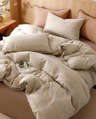 Image of VM VOUGEMARKET Brown Tan Duvet Cover King Striped Pattern Yarn Dyed Muslin Cotton Duvet Cover with Embroidered Edge Super Soft Cozy Bedding Set for Men Women,King Size