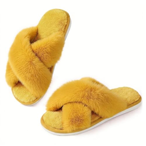 Image of Ankis Women's Fuzzy Slippers Cross Band Memory Foam Open Toe Comfy Soft House Shoes Anti-Slip Indoor Outdoor Gifts for Women