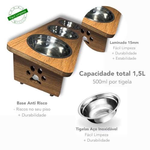 Comedouro Elevado Inclinado Triplo Inox Em Mdf Gato Cachorro (Marrom)