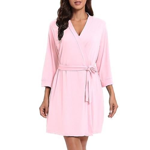 MAGIC ARMOR Damen Bademantel Für Damen Leichter 3/4 Ärmeln Bademantel Nachtwäsche Kimono Saunamantel mit Tiefer V-Ausschnitt Morgenmantel Schlafanzug Rosa M