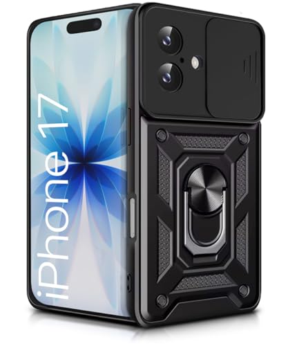 Image of WOW IMAGINE Tough Armor Bumper Mobile Back Case for iPhone 17 2025 | Sliding Camera Shield Cover | Shock Proof 360 Protection | Hybrid PC + TPU | Ring Holder with Kickstand - Black