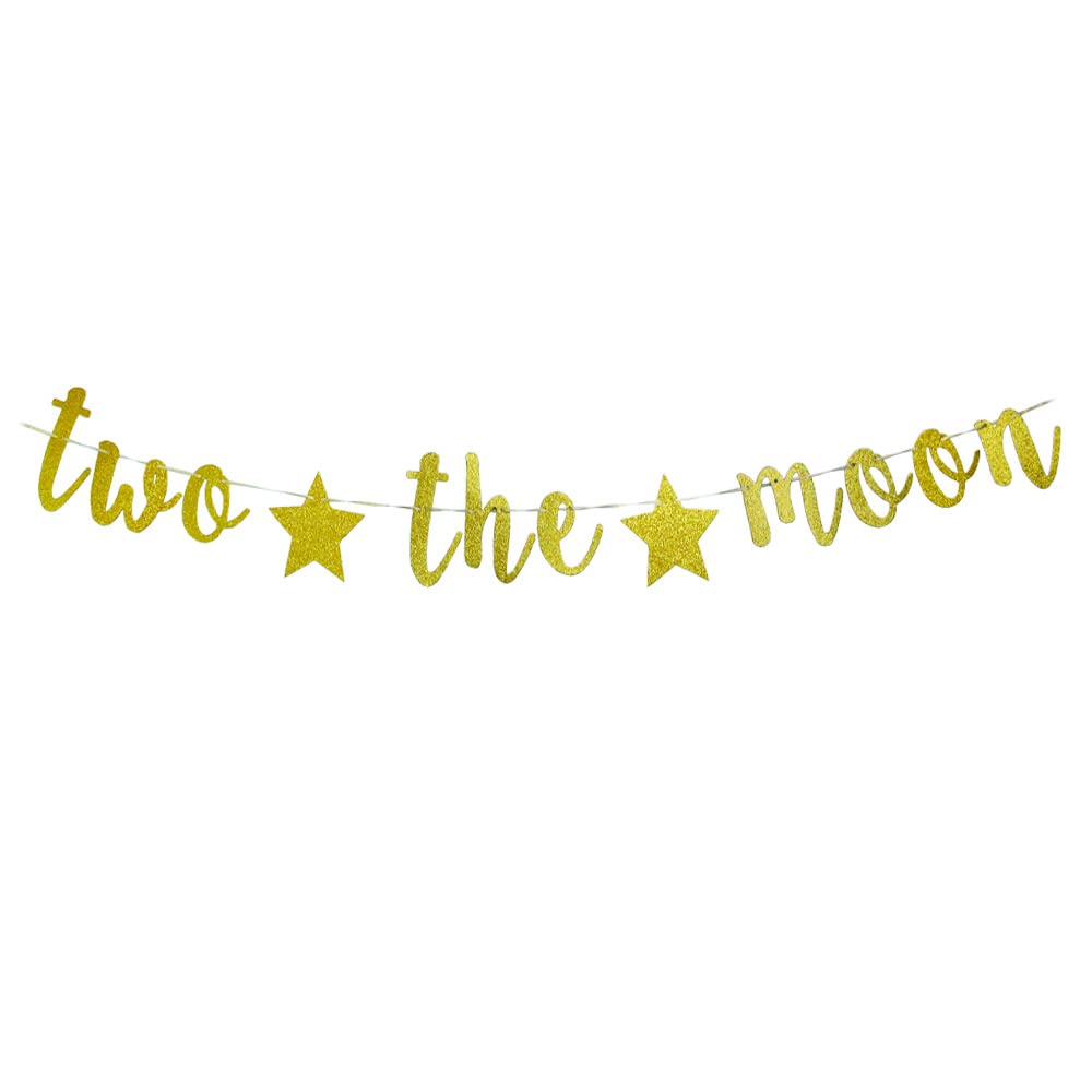 Guysckfi Two the Moon Banner - Baby 2nd Birthday Party Supplies, Outer Space Birthday Party Decoration, Gold, 5.5 Inches by 7.8 Inches