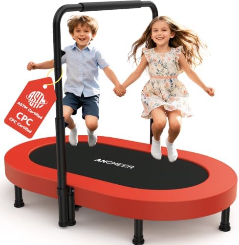 ANCHEER 56″ Toddler Trampoline, ASTM & CPC Certified – Foldable Mini Trampoline for Ages 1-8 with Adjustable Handle, Indoor/Outdoor Kids Trampoline, Foam Handle & Safty Pad, Easy to Assemble, 220LBS