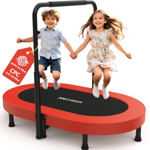 ANCHEER 56" Toddler Trampoline, ASTM & CPC Certified - Foldable Mini Trampoline for Ages 1-8 with Adjustable Handle, Indoor/Outdoor Kids Trampoline, Foam Handle & Safty Pad, Easy to Assemble, 220LBS