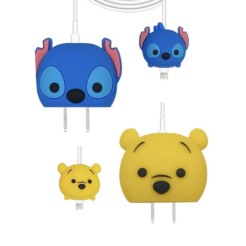 Image of Meyaar Silicone Protective Case for Apple 20W & 18W iPhone USB-C Power Adapter Charger and for USB Lightning Cable, 3D Cartoon Case for iPhone Charger 18W /20W Only (POOH+BlueBear (2 Pack))