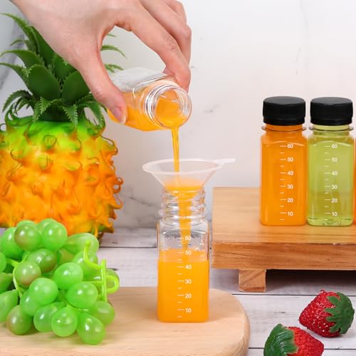 Roshtia 100 Pcs 2 oz Plastic Bottle with Caps for Liquids Small Clear Ginger Shots Bottles with Scale Reusable Mini Jars with Lids and 15 Pcs Funnel 3 Labels for Juice Sauce Bulk Portable Travel3