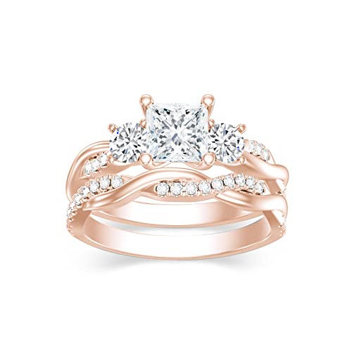 1.46 Carat (ctw) Princess Cut Moissanite Twisted Bridal Sets Engagement Ring Set for Women, White Gold Wedding Band Engagement Ring, Customizable Sterling Silver, 10k gold, 14k gold, 18k gold (Rose)