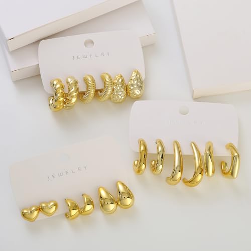 FOURPG 10 Pairs Hypoallergenic Chunky Gold Dangle Earrings for Women Trendy Thick Gold Plated Hoop Earrings Set Lightweight Jewelry - Image 3