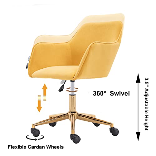 Henf Velvet Office Chair, 360° Swivel Chair Home Desk Chair Tufted Vanity Chair With Elegant Gold Base, Soft Small Task Chair For Kids Student, Living Room Bedroom Furniture (Style10-Yellow) #TOP4
