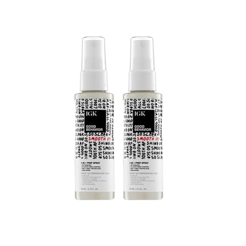 IGK GOOD BEHAVIOR 4-in-1 Prep Spray Travel Size | Gently Detangles, Controls Frizz for 24 Hours, Heat Protection & Shine | Weightless Formula for Smooth Hair | 2.0 Fl Oz (Pack of 2)