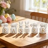 Exasinine Easter Bunny Figurines Set of 6, White Resin Rabbits Figurine Spelling Easter with Gold Letters for Tabletop Shelf Mantel Home Office & Spring Easter Decorations