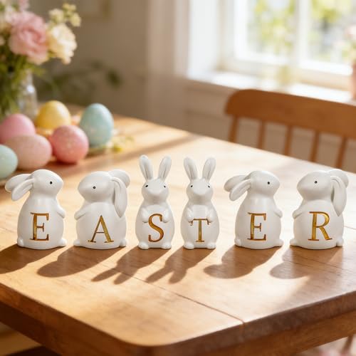 Exasinine Easter Bunny Figurines Set of 6, White Resin Rabbits Figurine Spelling Easter with Gold Letters for Tabletop Shelf Mantel Home Office & Spring Easter Decorations
