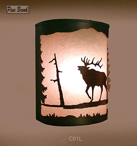 Image of Rustic Elk Wall Sconce - Lodge Cabin Decor | Frosted Amber Glass & Burnished Bronze Metal Light | Woodland Nature Wall Light Fixture
