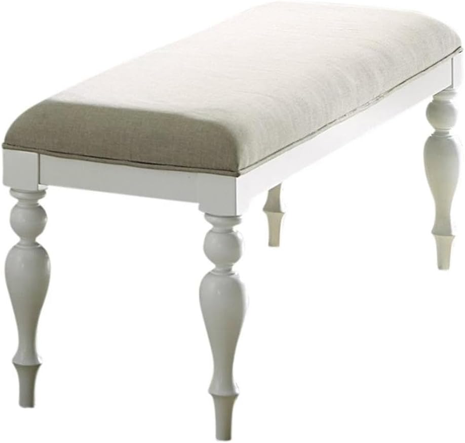 BOWERY HILL Transitional Wood Dining Bench, Oyster White Finish, Poplar and Pine Solids, 50 in Wide, Upholstered Linen Seat, Louvered Panel Accents, Turned Legs, Cottage Style Kitchen or Dining Room