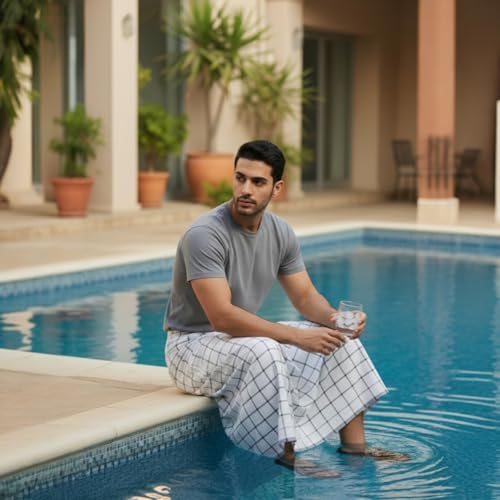 وزرة مطاط مع جيب جانبي للرجل باللون الابيض وزره صيفي مريحة وبارده للرجال وزار رجالي معوز, فوطه رجال رجاليه مناسب للمنزل والنوم شورت رياضي الرياضه للرياضه تمارين (ابيض مقلم 3 خطوط رصاصي)